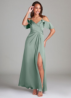 Azazie Dakota At-home Try On Dresses Emerald A-Line Off the Shoulder Stretch Satin Dress image4
