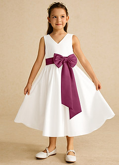 Azazie Darling Flower Girl Dresses Ivory Mulberry A-Line Bow Cotton Dress image2