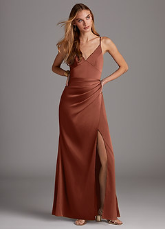 Azazie Shania Bridesmaid Dresses Clay Sheath V-Neck Pleated Stretch Satin Dress image3