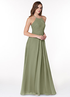 Azazie Ginger At-home Try On Dresses Dusty Sage A-Line Halter Pleated Chiffon Dress image1