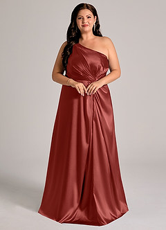 Azazie Brooke Bridesmaid Dresses Terracotta A-Line One Shoulder Metallic Satin Dress image11