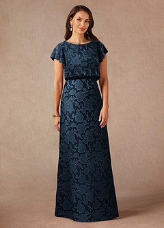 Azazie Lehi Mother of the Bride Dresses Dark Navy A-Line Boatneck Floral Burnout Dress image3