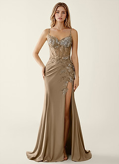 Manuelly Coffee Satin/Lace 3D Flower Prom Dress image1