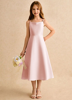 Azazie Jaella Girls Formal Blomsterpigekjoler A-Line Plisseret Mat satin Te-længde Kjole image5