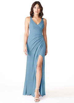 Azazie Leandra Bridesmaid Dresses Steel Blue Mermaid V-Neck Pleated Mesh Dress image1