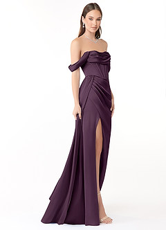 Azazie Amyra Vestidos de damas de honor Vestido de Ciruela de Satén Elástico de Corte Recto Convertible con Vestidos sin tirantes image5