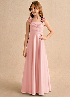 Azazie Rosita Girls Formal Robe Demoiselle D'honneur Fillette Robe Trapèze en Satin extensible Plissée Rose Poudré image4