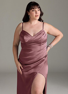 Azazie Yola Bridesmaid Dresses Vintage Mauve Sheath V-Neck Pleated Stretch Satin Convertible Dress image14