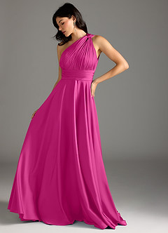 Azazie Charlize Robes de demoiselle d'honneur Robe Trapèze en Satin extensible Ue épaule Fuchsia image5