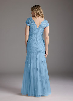 Azazie Marbella vestidos de madre de la novia Vestido de Azul Acero de Encaje de Corte Sirena con Reina Ana Lentejuelas image7