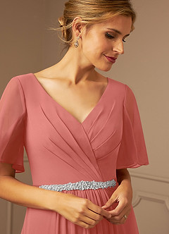 Azazie Tricia Mother of the Bride Dresses Salmon Pink A-Line V-Neck Pleated Chiffon Dress image11
