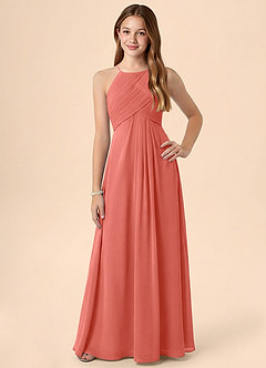 Azazie Ginny Junior Salmon Pink A-Line Pleated Chiffon Dress image1