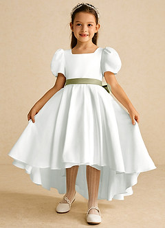 Azazie Zippy Flower Girl Dresses Ivory Moss Green A-Line with Sleeves Matte Satin Dress image2