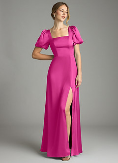 Azazie Fyona Bridesmaid Dresses Fuchsia A-Line Pleated Stretch Satin Dress image3