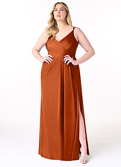 Azazie Aqua Bridesmaid Dresses Burnt Orange A-Line V-Neck Pleated Stretch Satin Dress image8