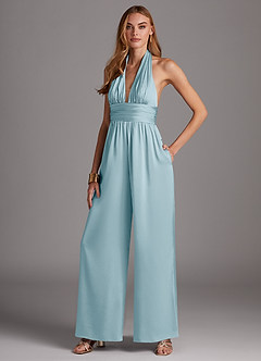 Azazie Oli Robes de demoiselle d'honneur Combinaison en Satin extensible Plissée Bleu Ciel image4
