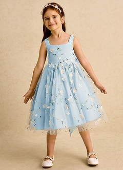 Azazie Bean Flower Girl Dresses Sky Blue Ball-Gown Sleeveless Tulle Dress image3