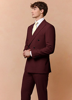 front Collins Burgundy Double Breasted Wool Blend Suit Jacket