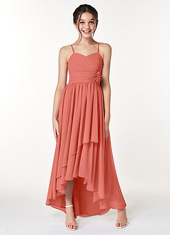 Azazie Catalina Junior Salmon Pink A-Line Ruched Chiffon Dress image4