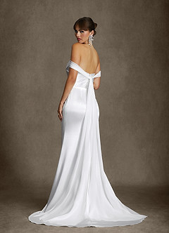 Azazie Darlene Wedding Dresses Diamond White Mermaid Off the Shoulder Metallic Satin Dress image2