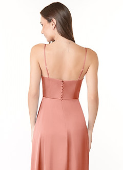 Azazie Halsey Bridesmaid Dresses Coral Sheath Side Slit Stretch Satin Dress image3