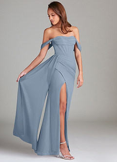 Azazie Amyra Bridesmaid Dresses Dusty Blue Sheath Off the Shoulder Chiffon Convertible Dress image2