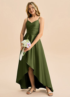 Azazie Eirlys Junior A-Linie Plissee Stretch-Satin Kleid Olivgrün image4