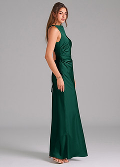 Azazie Evadne Bridesmaid Dresses Emerald Sheath Pleated Stretch Satin Dress image4