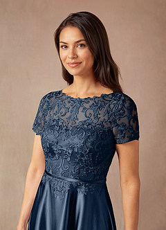 Azazie Adina vestidos de madre de la novia Vestido de Azul Marino Oscuro de Satén Metálico de Corte En A con Encaje image6