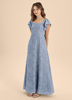 Azazie Bondi Junior Vestido de Azul Polvoriento de Devorado Floral de Corte En A con Lazo image3