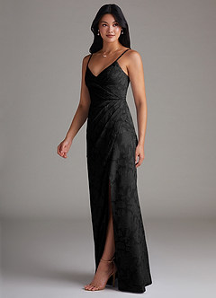 Azazie Maci Bridesmaid Dresses Black Sheath Pleated Floral Burnout Dress image3