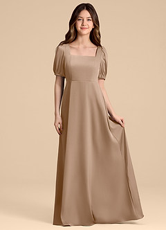 Azazie Briar Junior Taupe A-Line Bow Stretch Satin Dress image4