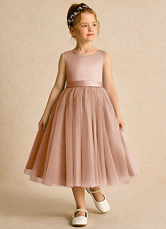 Azazie Pear vestidos de niña de las flores Vestido de Champán Rosado de Tul de Princesa con Lazo image4
