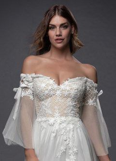 Azazie Stevie Abiti da Sposa Abito A-Line in Tulle a Spalla Scoperta Bianco Diamante Champagne image4