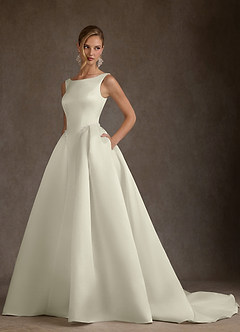 Azazie Odette Wedding Dresses Cream Ball-Gown Boatneck Satin Dress image4