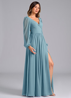 Azazie Zeya Bridesmaid Dresses Moody Blue A-Line Long Sleeve Chiffon Dress image3