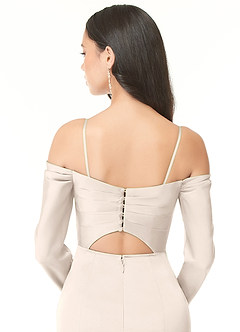 Azazie Hallie Bridesmaid Dresses White Alabaster Mermaid Off-The-Shoulder Long Sleeve Stretch Satin Convertible Dress image7