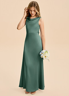 Azazie Kiki Junior Eucalyptus A-Line Bow Stretch Satin Dress image5
