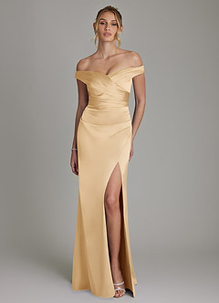 Azazie Teyana Bridesmaid Dresses Gold Sheath Off the Shoulder Stretch Satin Dress image4