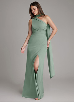 Azazie Zhanna Bridesmaid Dresses Silver Sage Mermaid One Shoulder Chiffon Dress image4
