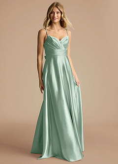 Azazie Oliana Bridesmaid Dresses Agave A-Line Pleated Metallic Satin Dress image4
