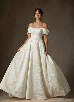 Azazie Efina At-home Try On Dresses Antique White Ball-Gown Floral Jacquard Dress image3