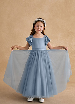Azazie Suzy Final Sale Dusty Blue A-Line with Sleeves Tulle Dress image5