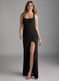 Azazie Mero Final Sale Dark Navy Sheath Pleated Stretch Crepe Dress image1