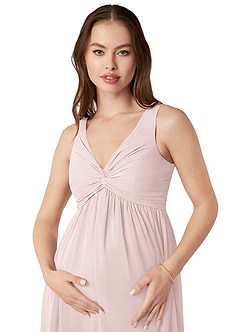 Azazie Yetta Maternity Bridesmaid Dresses A-Line V-Neck Gathered Chiffon Floor-Length Dress image4