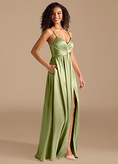 Azazie Alia Bridesmaid Dresses Pistachio A-Line Pleated Metallic Satin Dress image5
