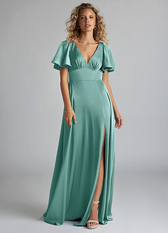 Azazie Kimber Bridesmaid Dresses Aqua A-Line Ruched Stretch Satin Dress image3