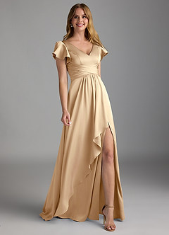 Azazie Omari Robes de demoiselle d'honneur Robe Trapèze en Satin extensible Champagne image1