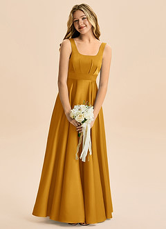 Azazie Gabby Junior Robe Trapèze en Satin extensible Plissée Caramel écossais image1