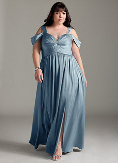 Azazie Lianne Robes de demoiselle d'honneur Robe Trapèze en Satin extensible Épaule décolletée Bleu Poussiéreux image9